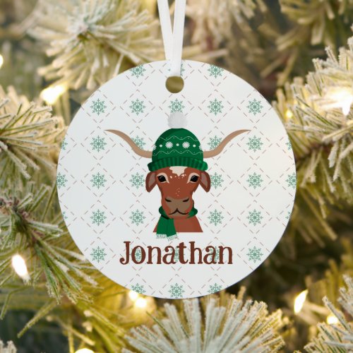 Longhorn in Green Ski Cap and Scarf Photo Metal Ornament