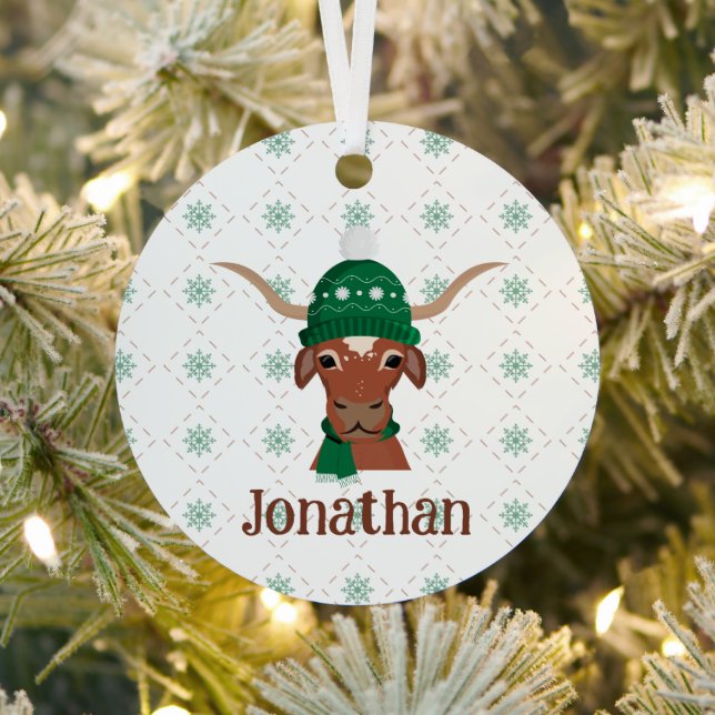 Longhorn in Green Ski Cap and Scarf Photo Metal Ornament (Insitu)