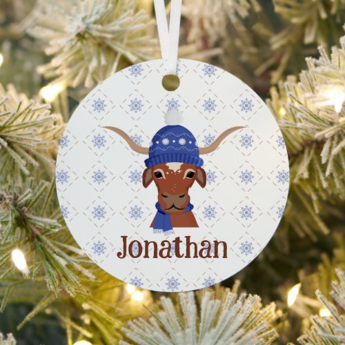 Longhorn in Periwinkle Ski Cap and Scarf Photo Metal Ornament