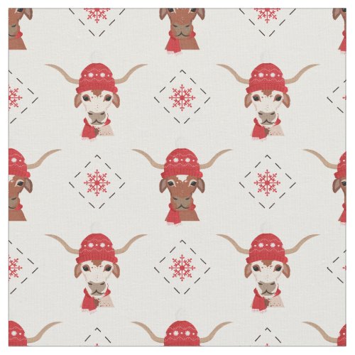 Longhorn in Red Ski Cap and Scarf Pattern Fabric