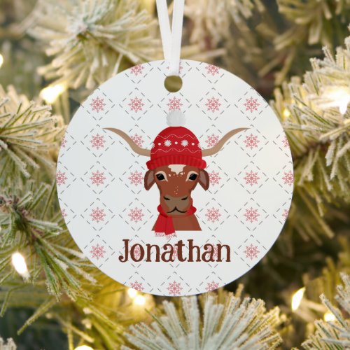 Longhorn in Red Ski Cap and Scarf Photo Metal Ornament