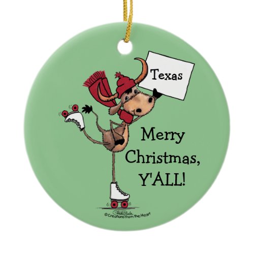 Longhorn Roller Skating-Merry Christmas Y'all! Ceramic Ornament