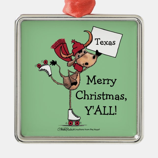 Longhorn Roller Skating-Merry Christmas Y'all! Metal Ornament (Front)