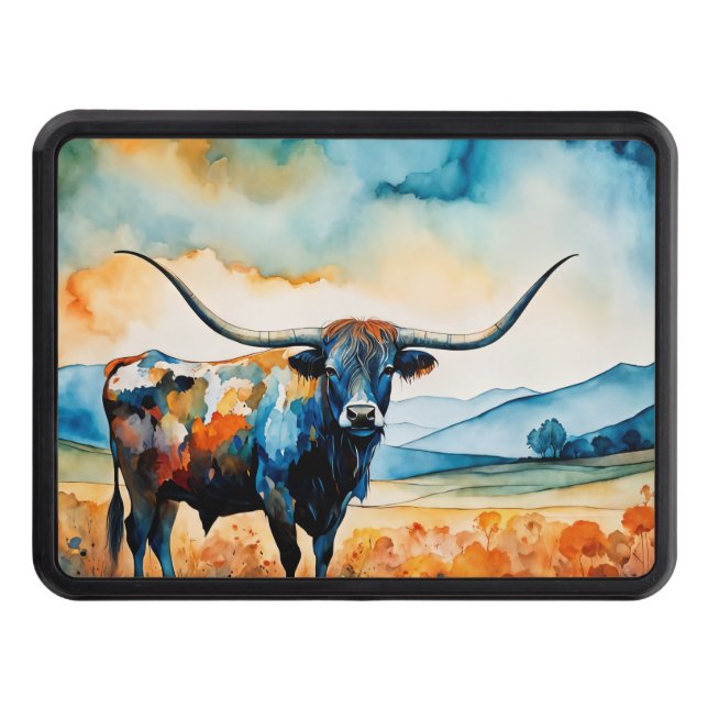 Longhorn Steer in a pasture Hitch Cover (Front)