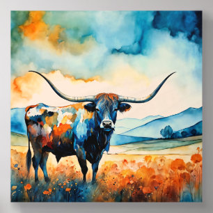 Longhorn Steer in a pasture Wood Photo Tile