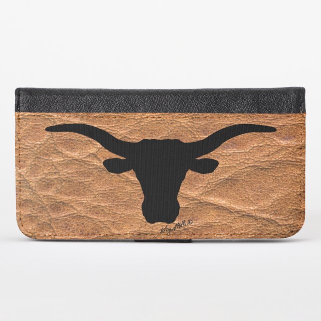 Longhorn Steer On Leather iPhone Wallet Case (Front (Horizontal))