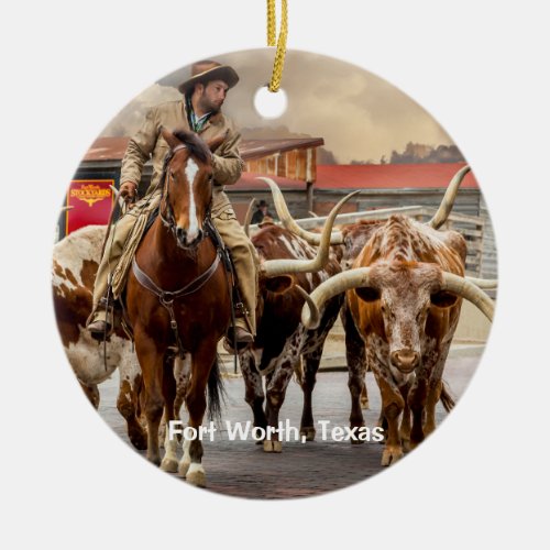 Longhorns of Fort Worth Texas Ceramic Ornament