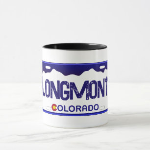 Longmont Colorado blue license plate mug