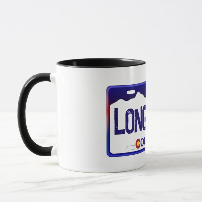 Longmont Colorado blue license plate mug (Left)