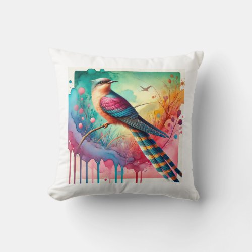 Longtailed Cuckoo 130624AREF115 _ Watercolor Throw Pillow