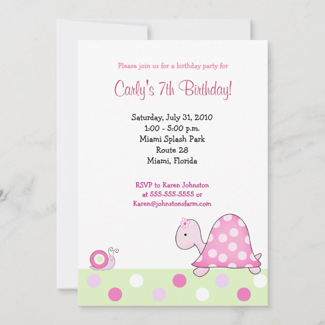 Lonnie's Pink Turtle 5x7 Girls Birthday Invitation (Front)