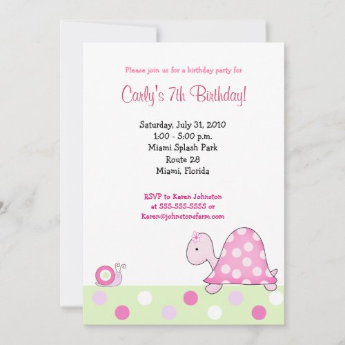 Lonnie's Pink Turtle 5x7 Girls Birthday Invitation