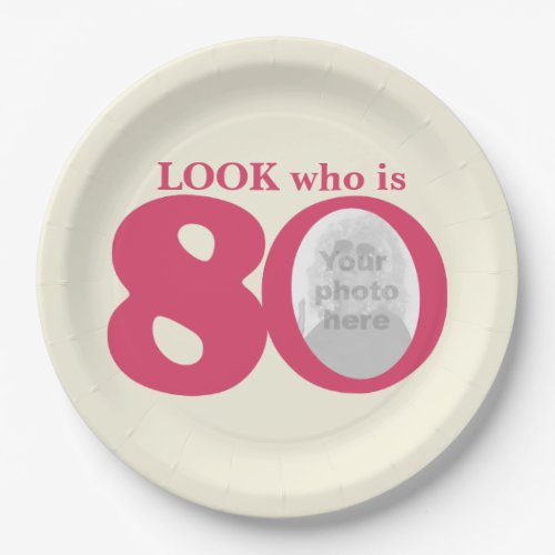 Look 80th birthday photo cream pink paper plate