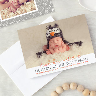 Look Hoo Arrived Modern Script Baby Photo Birth Announcement