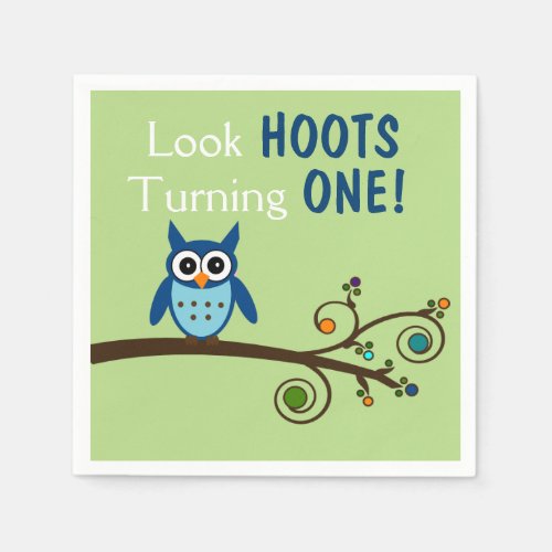 Look Hoots Turning 1 Owl Birthday Napkins