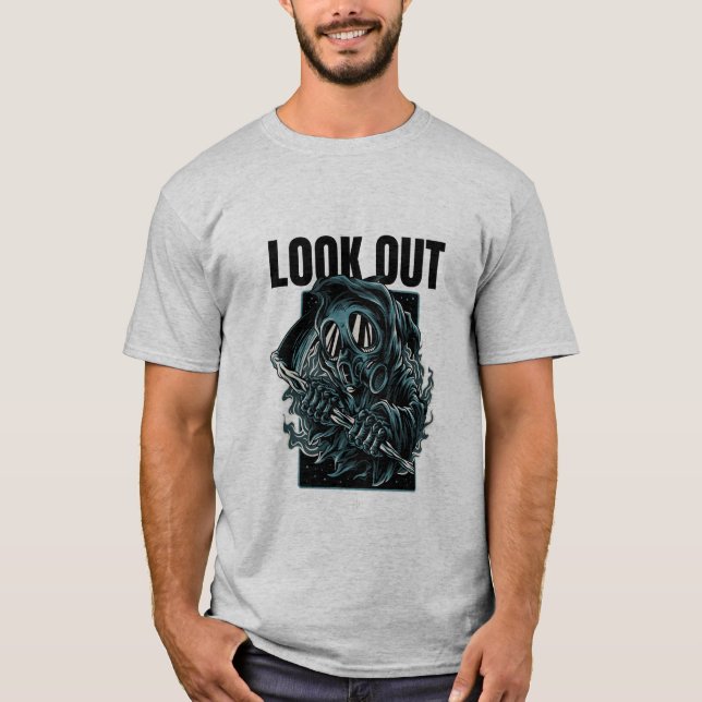 “Look Out” Dark Gas Mask Graphic T-Shirt (Front)