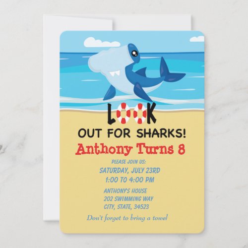 Look Out For SharksBeach Birthday Invitation