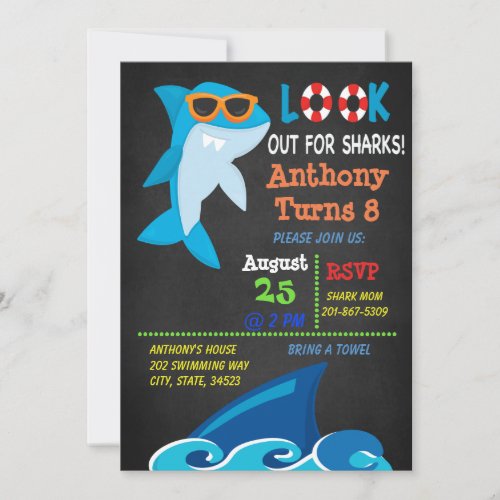 Look Out For Sharks Pool Party Birthday Invitation