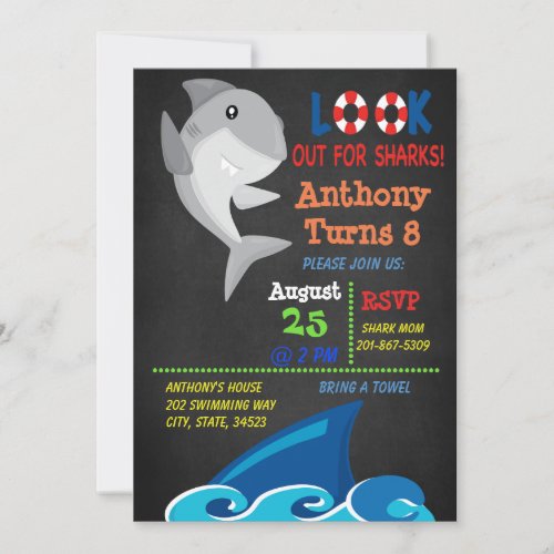 Look Out For Sharks Pool Party Birthday Invitation