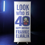 Look who 40 40th birthday party photo blue white retractable banner<br><div class="desc">Personalize this navy blue and white look who is 40, 40th birthday party banner with your own birthday name and a photograph in the 0 of 40. Simple bold text and personalized photo design. Ideal for using at a fortieth birthday party to show a photo of your birthday boy or...</div>