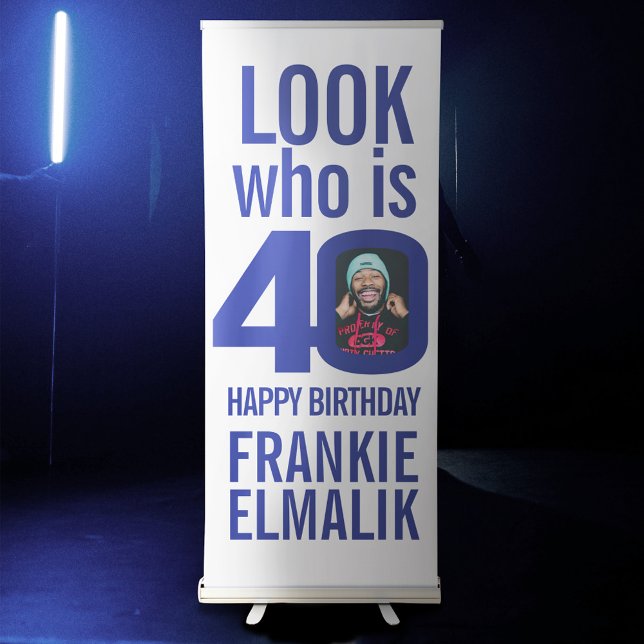Look who 40 40th birthday party photo blue white retractable banner (Creator Uploaded)