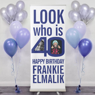 Look who 40 40th birthday party photos blue white retractable banner