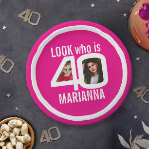 Look who 40th birthday 2 photo white pink party paper plates