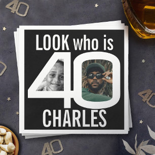 Look who is 40th birthday 2 photos black party napkins