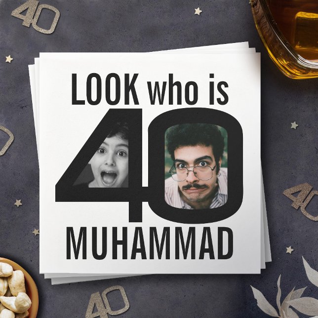 Look who is 40th birthday 2 photos black party napkins (Creator Uploaded)