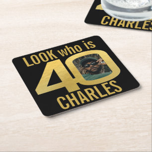 Look who is 40th birthday photo black gold party square paper coaster