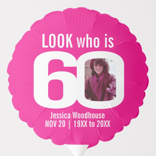 Look who is 60 custom photo pink white 60th balloon (Front)