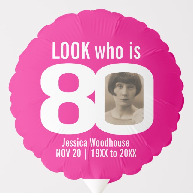 Look who is 80 custom photo pink white 80th balloon (Front)