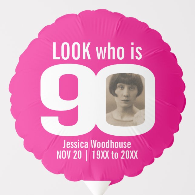 Look who is 90 custom photo pink white 90th balloon (Front)