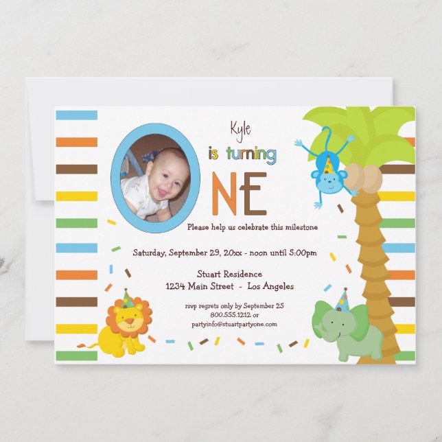Look Who Is Turning One - Whimsical Animal Theme Invitation (Front)