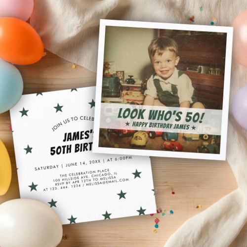 Look Who’s 50 Birthday Custom Retro Photo Invitation