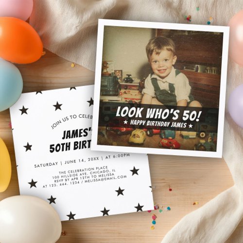 Look Who’s 50 Birthday Custom Retro Photo Invitation