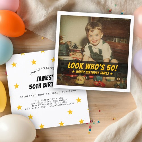 Look Who’s 50 Birthday Custom Retro Photo Invitation