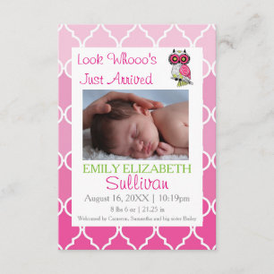 Look Whooo's Arrived Pink- 3x5 Birth Announcement. Announcement