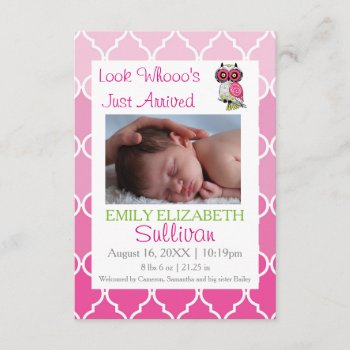 Look Whooo's Arrived Pink- 3x5 Birth Announcement. Announcement by Midesigns55555 at Zazzle