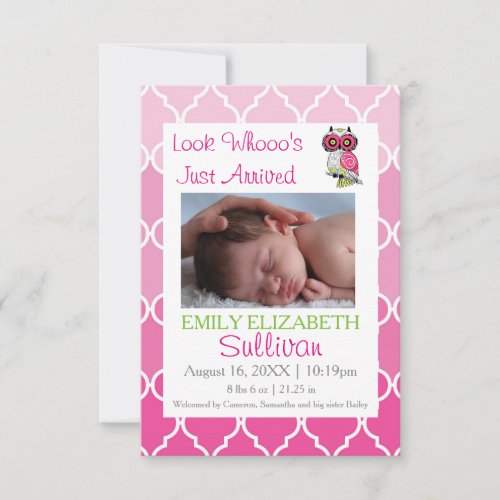 Look Whooos Arrived Pink_ 3x5 Birth Announcement Announcement