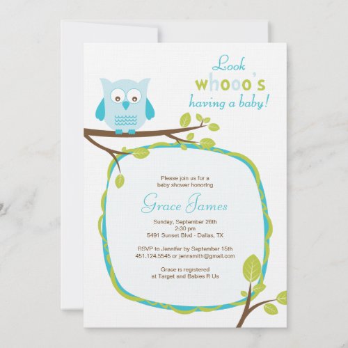 Look whooo's having a baby - Blue owl baby shower Custom Invite