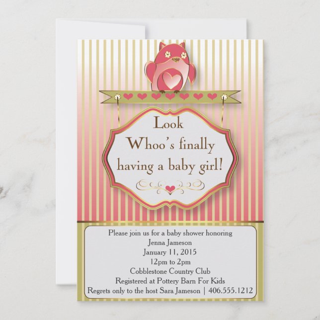 Look Whoo's Finally Having A Baby Girl! Invitation (Front)