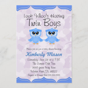 Look Whoo's Having Twin Boys Baby Shower Invite