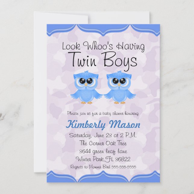 Look Whoo's Having Twin Boys Baby Shower Invite (Front)