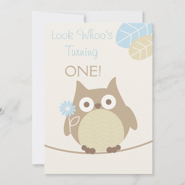 Look Whoo's Turning One Baby Boy Birthday Invitation (Front)
