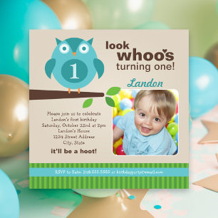Look Whoos Turning One Blue Owl Birthday Invitation