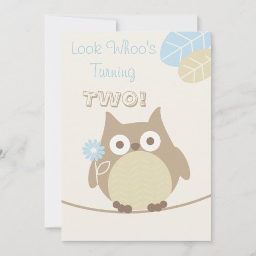 Look Whoos Turning Two Baby Boy Birthday Invitation