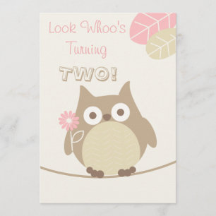 Look Whoo's Turning Two Baby Girl Birthday Invitation