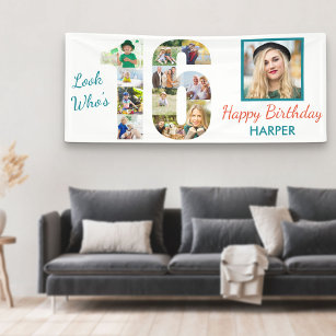 Look Who's 16 Photo Collage 16th Birthday Party Banner