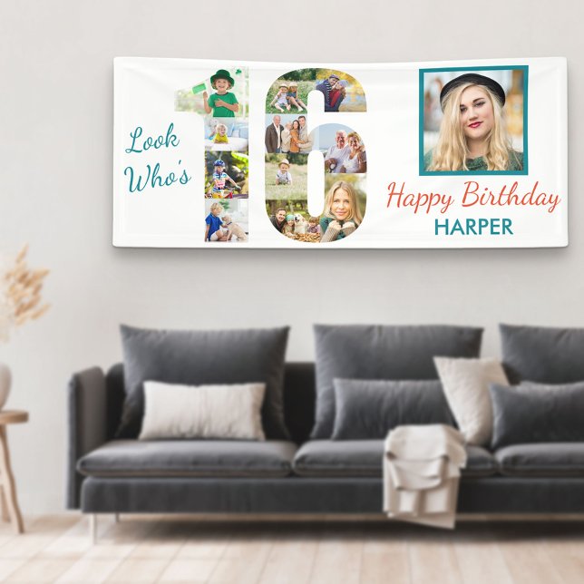 Look Who's 16 Photo Collage 16th Birthday Party Banner (Creator Uploaded)